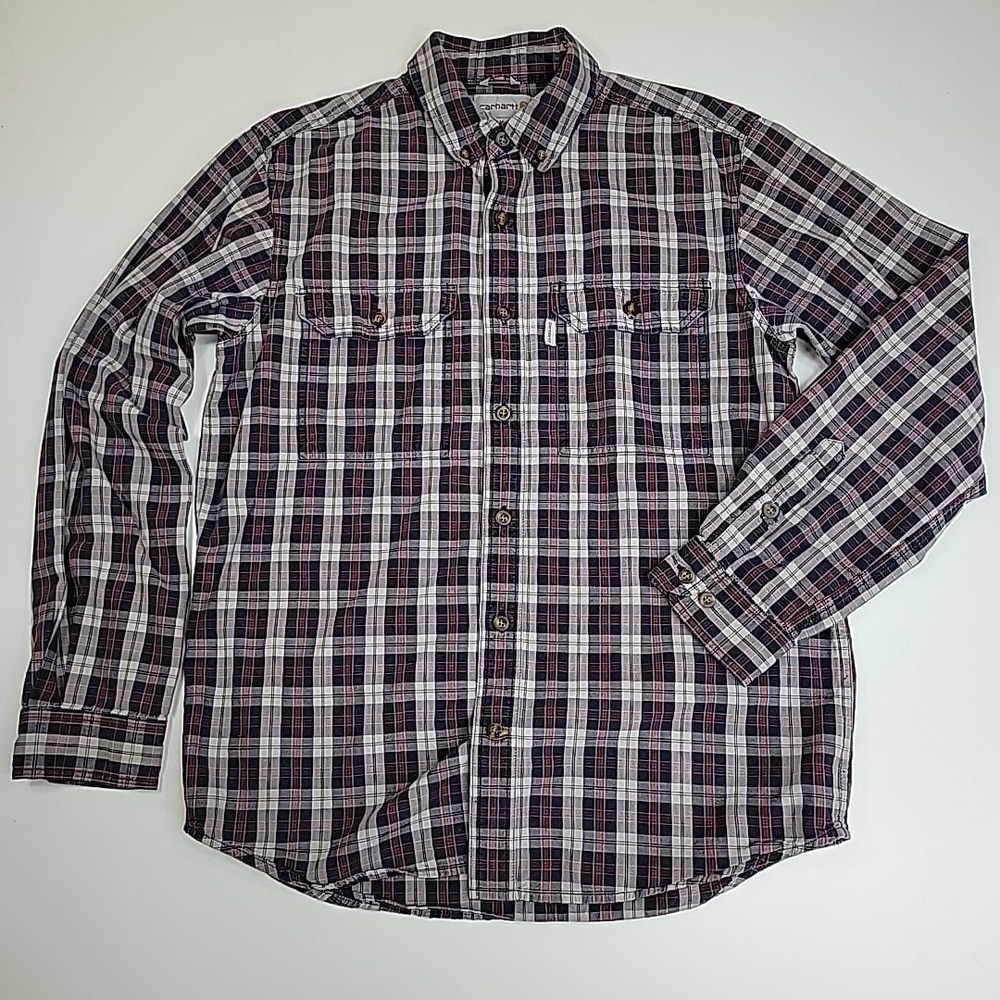 Carhartt Men's Long Sleeve Plaid Shirt Size M Relaxed Fit Dark Blue Grey Red‎